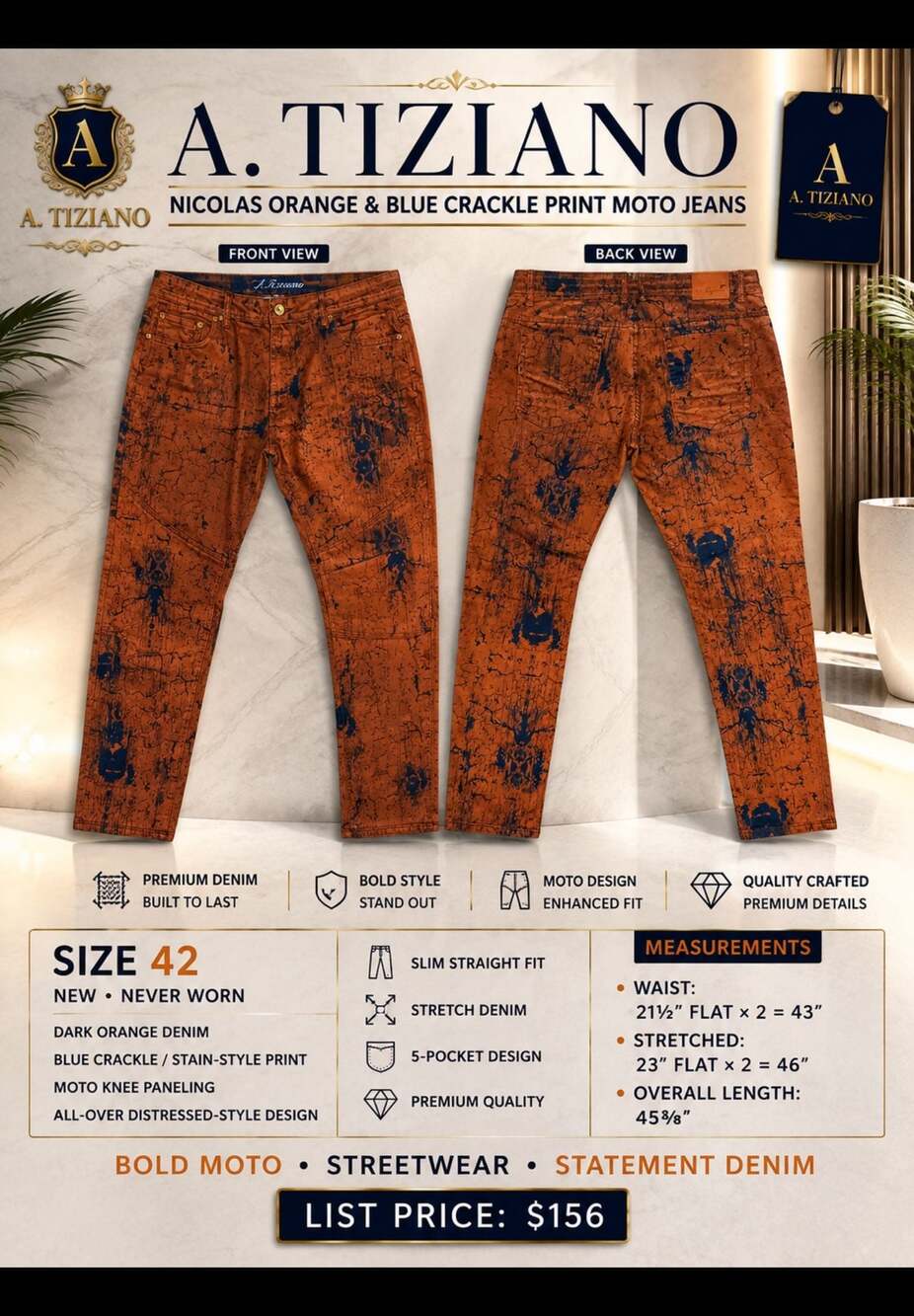 A. Tiziano Nicolas Orange Blue Crackle Distressed Moto Jeans Size 42